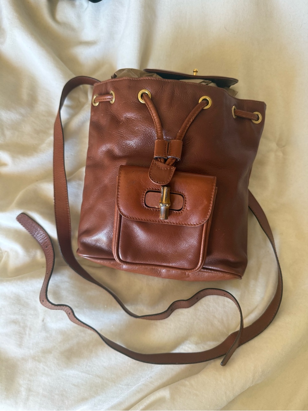 GUCCI leather backpack with gold and bamboo handle